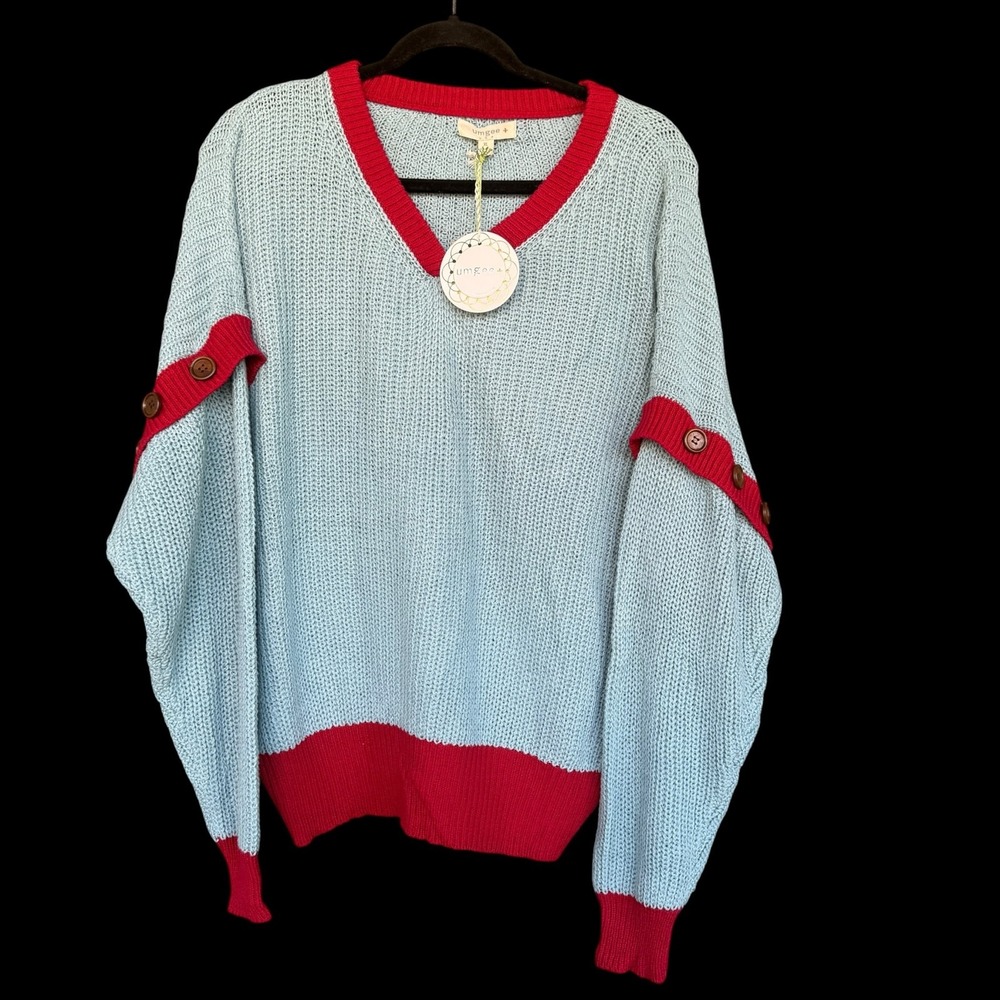 Umgee USA Sweater Women XL Blue Red V Neck Button Sleeve Chunky Knit Convertible